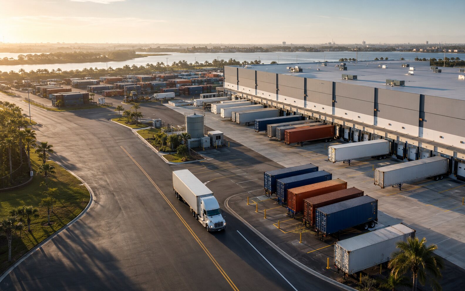 Modern distribution campus with trailers, containers, and a semi-truck in motion
